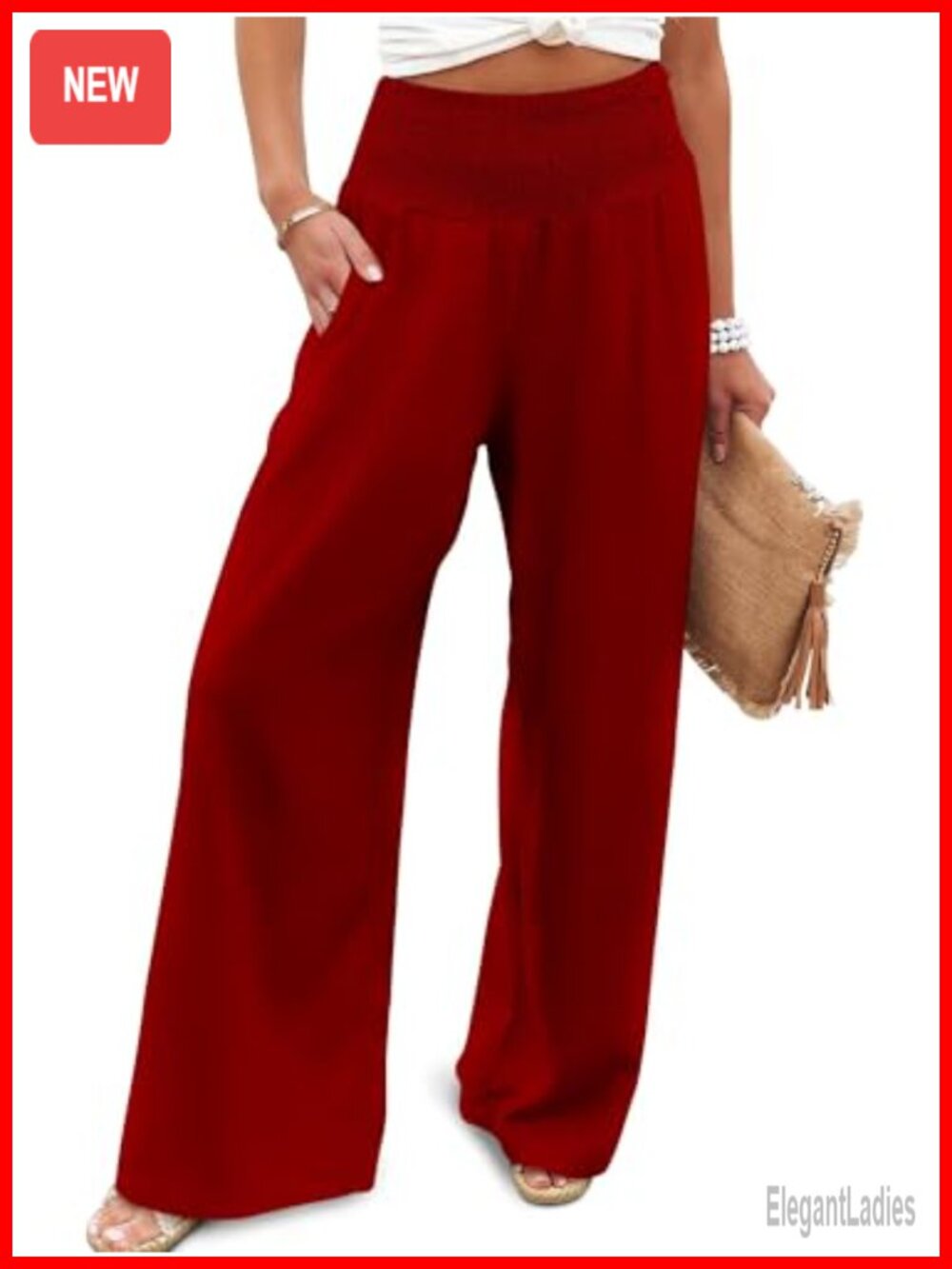 Womens Wide Leg Palazzo Pants High Waisted Smocked Casual Trousers